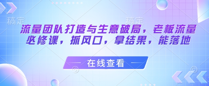 流量团队打造与生意破局,*流量必修课,抓风口,拿结果,能落地