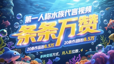 *人称水族代言视频,条条万赞,20条作品涨粉7.8W,多种变现方式月入五位数