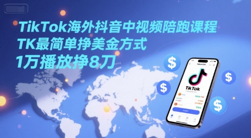TikTok海外抖音中视频陪跑课程,TK*挣美金方式,1万播放挣8刀