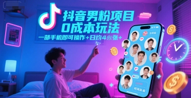 抖音男粉项目*玩法,一部手机即可操作,日均4张+,时间自由