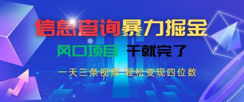 信息查询*掘金,一天三条视频,轻松变现四位数,风口项目干就完了【揭秘】