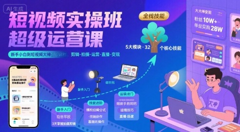 短视频实操班*运营课,新手小白到短视频大神必修课程,剪辑-拍摄-运营-直播-变现