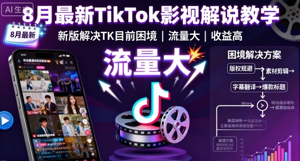 8月*TikTok影视解说教学,新版解决TK目前困境,流量大,收益高