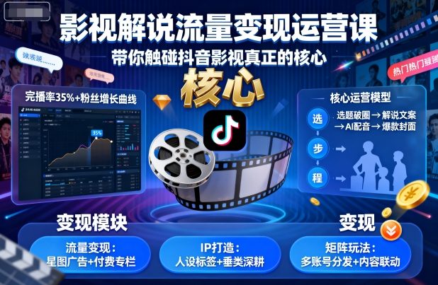 影视解说流量变现运营课,带你触碰抖音影视*的*