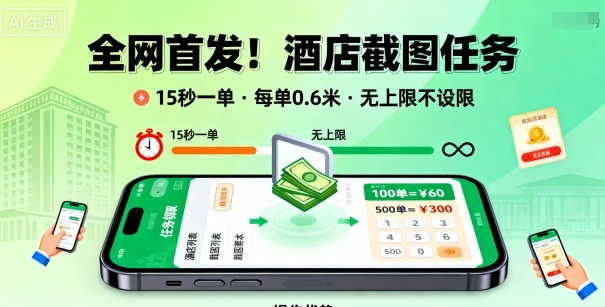 **!酒店截图任务,15秒一单,每单0.6米,任务无上限不设限,矩阵操作单日3张到手【揭秘】