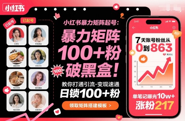 小红书*矩阵起号,教你打通引流-变现速通,日锁100+粉,破流量黑盒