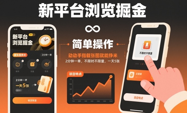 新平台浏览掘金,动动手指截张图就能挣米,2分钟一单,不限时不*,一天5张【揭秘】
