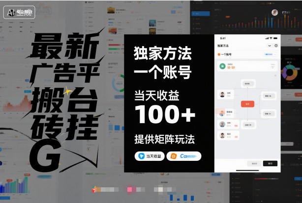 *广告平台搬砖挂G,*方法,一个账号,当天收益100+,提供矩阵玩法【揭秘】