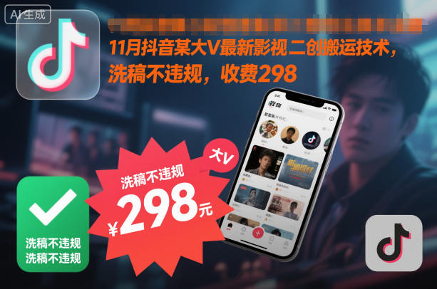 11月抖音某大V*影视二创搬运技术,洗稿不违规,收费298