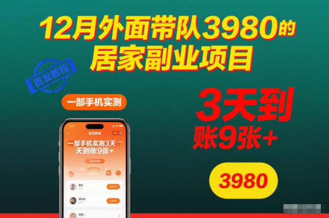 12月外面带队3980的居家副业项目,一部手机实测3天到账9张+,*教程【揭秘】