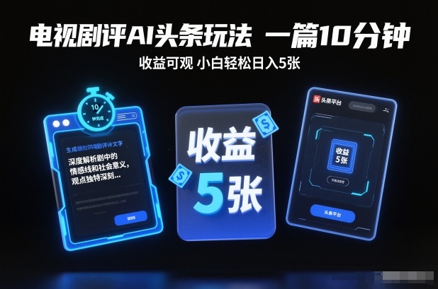 电视剧评AI头条玩法,一篇10分钟,收益可观,小白轻松日入5张+【*】