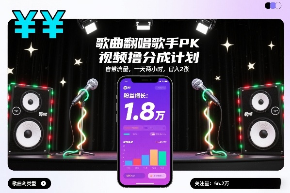 歌曲翻唱歌手PK视频撸分成计划,自带流量,一天两小时,日入2张